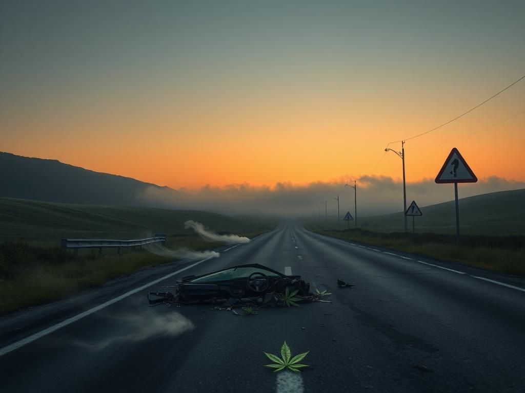 Flick International Shattered car windshield with scattered debris on a deserted road at dawn