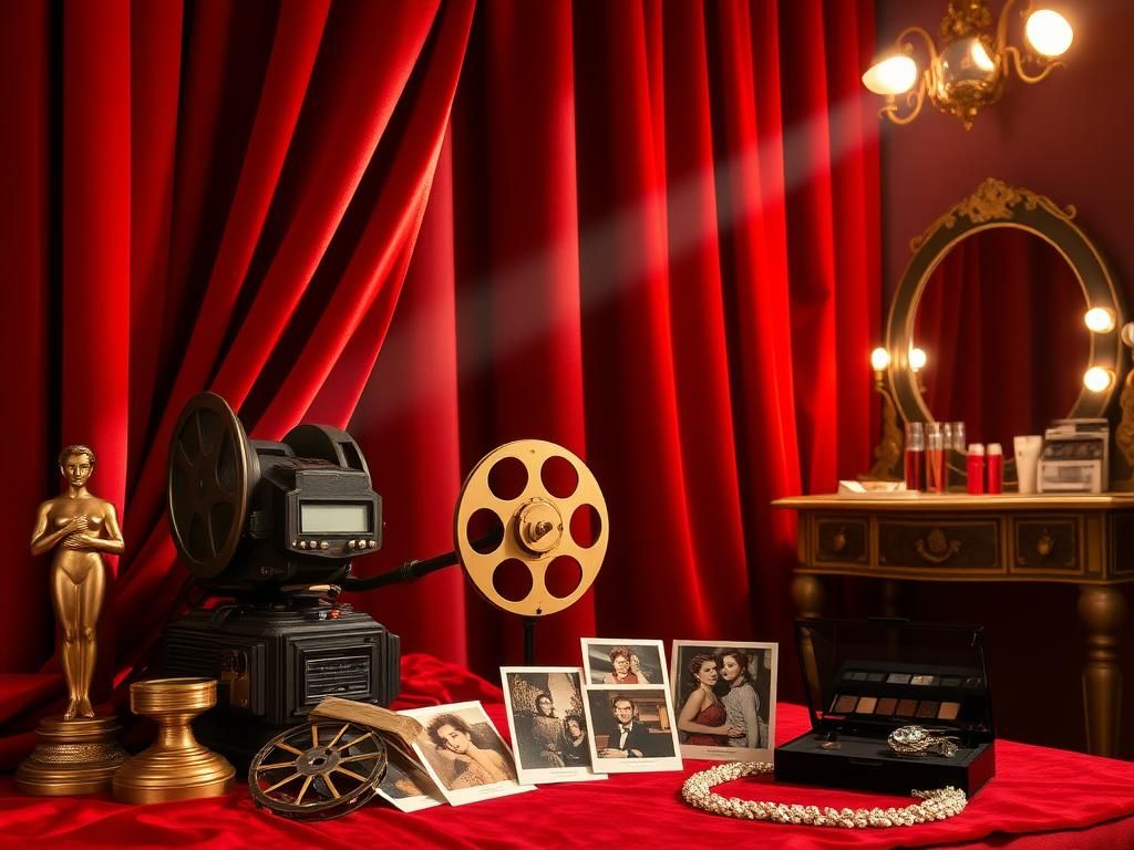 Flick International Vintage Hollywood film set featuring a classic film projector and iconic movie memorabilia
