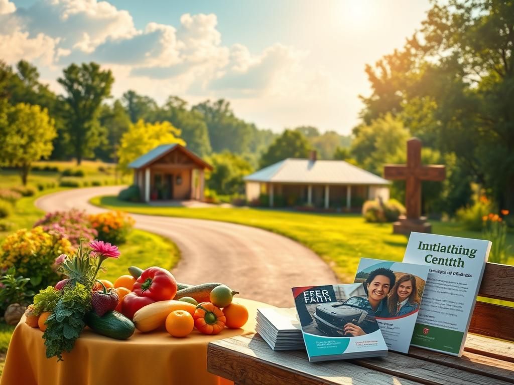 Flick International Serene Arkansas landscape with a winding road and community center surrounded by greenery and flowers