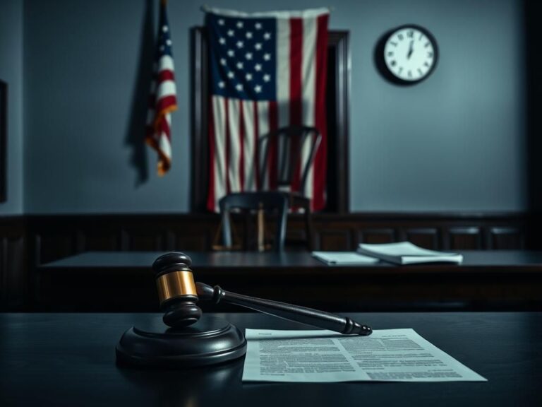 Flick International Somber courtroom scene with a gavel, legal documents, and an empty chair symbolizing absence and tension