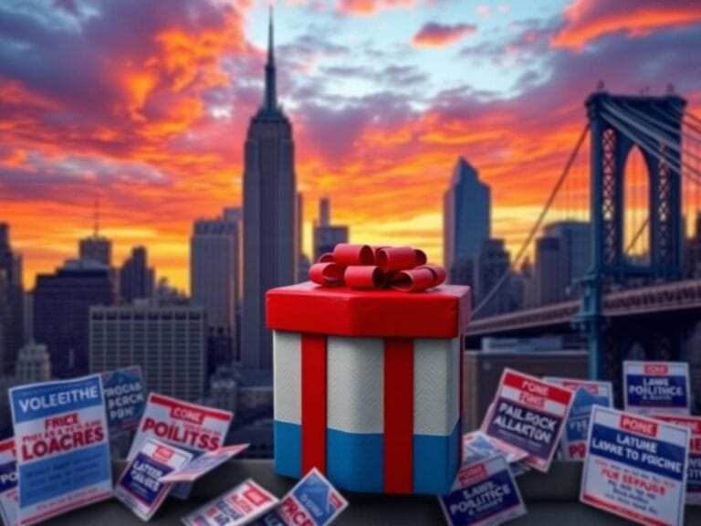 Flick International New York City skyline at sunset with a symbolic gift box representing political alliances