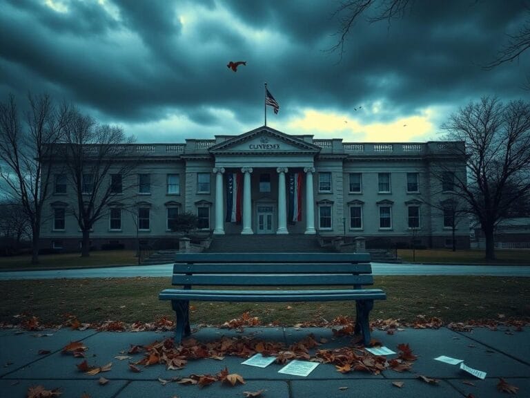 Flick International A deserted government building with closed signs and dark clouds overhead