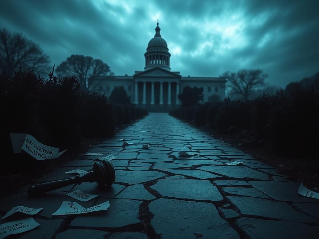 Flick International A dark stone path leading to a shadowy government building symbolizing political tension