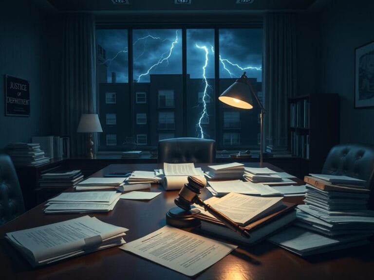 Flick International Dimly lit legal office filled with legal documents and a gavel on a desk