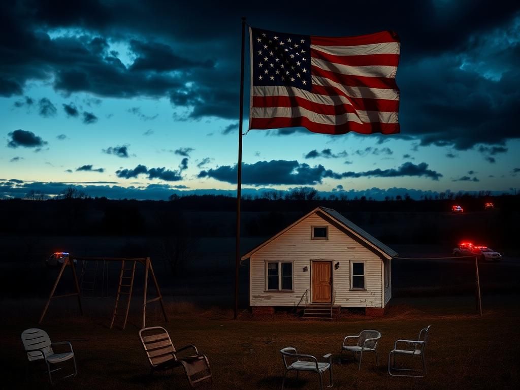 Flick International A somber rural landscape at dusk with an empty house and a fading American flag