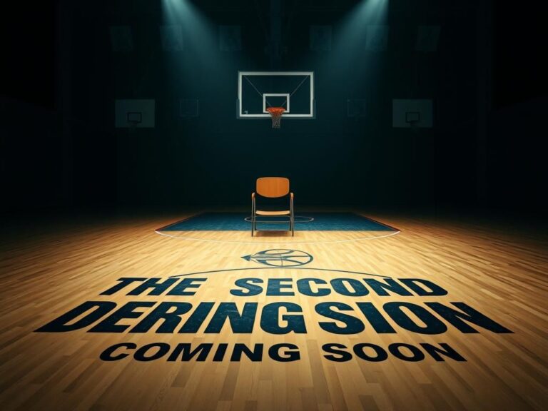 Flick International Dimly lit basketball court featuring an empty chair with soft spotlight and 'The Second Decision Coming Soon' graphic
