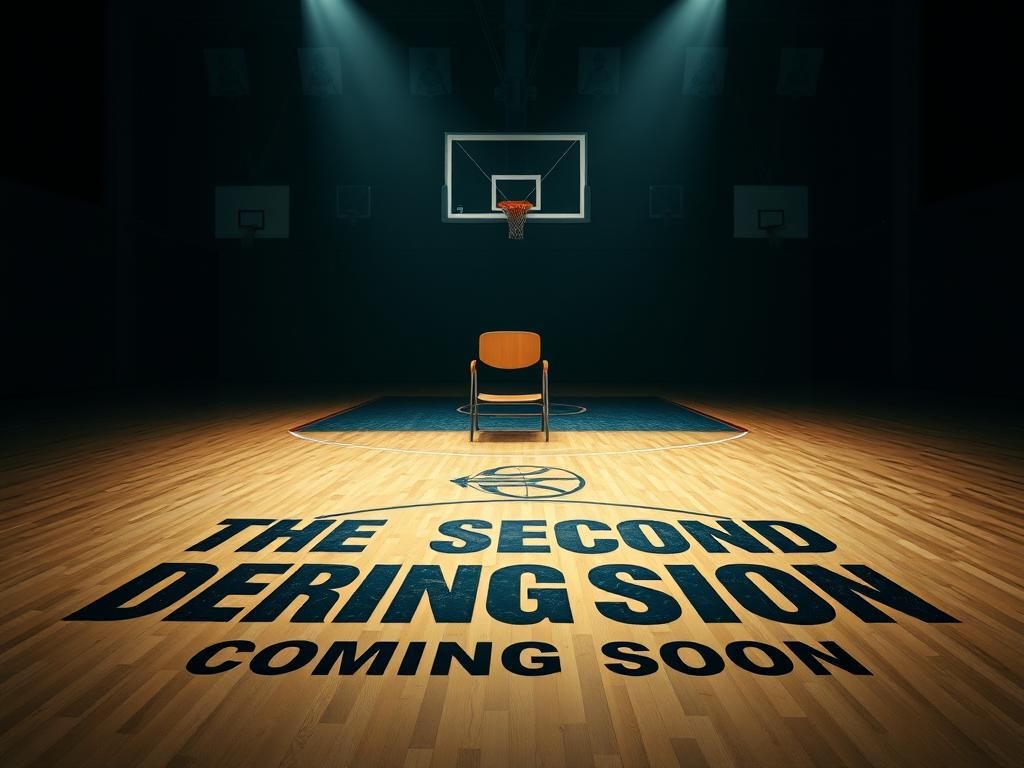 Flick International Dimly lit basketball court featuring an empty chair with soft spotlight and 'The Second Decision Coming Soon' graphic