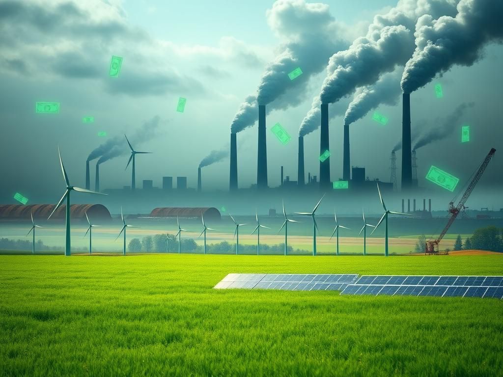 Flick International A striking landscape showcasing renewable energy sources like wind turbines and solar panels juxtaposed with traditional fossil fuel infrastructure.