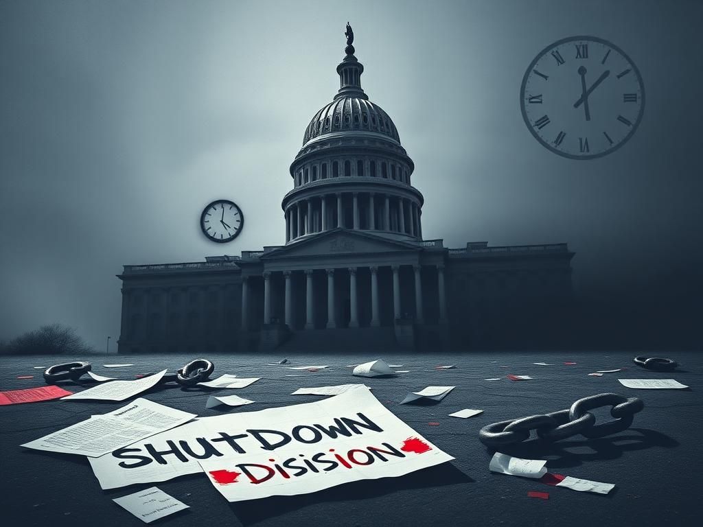 Flick International Dramatic depiction of the U.S. Capitol building shrouded in shadows during a government shutdown
