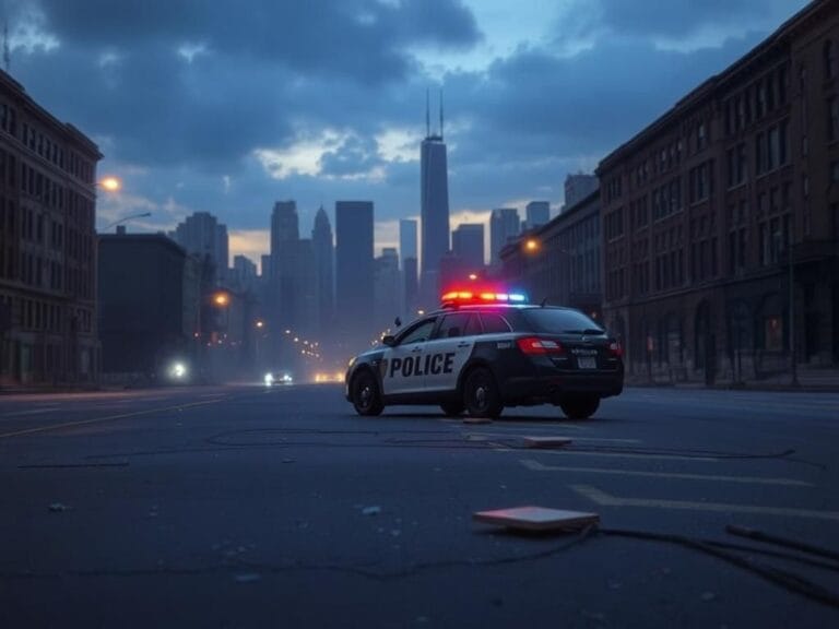 Flick International Police vehicle parked on an empty Chicago street at dusk, amidst a tense urban scene