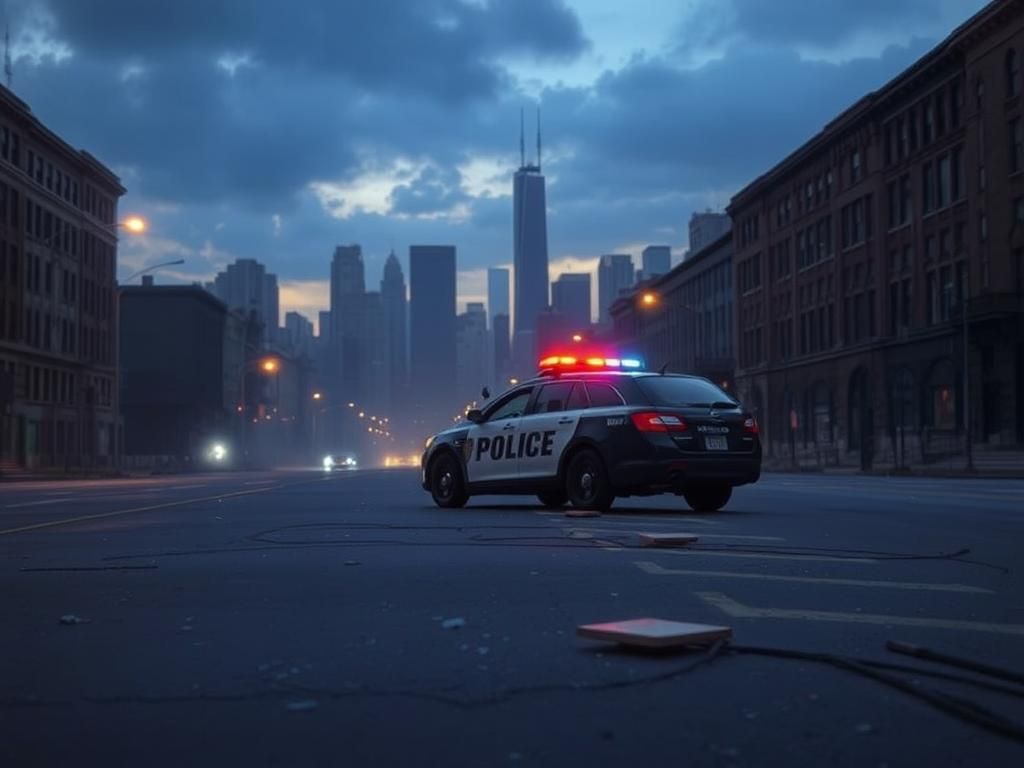 Flick International Police vehicle parked on an empty Chicago street at dusk, amidst a tense urban scene