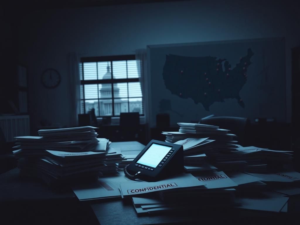 Flick International Dimly lit office with documents and a phone, depicting a serious investigation atmosphere