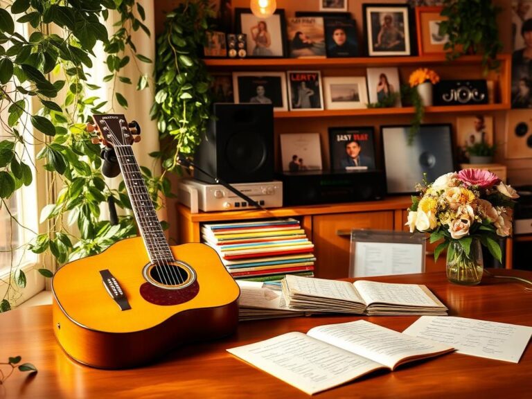 Flick International A serene music studio setting with an acoustic guitar and vinyl records