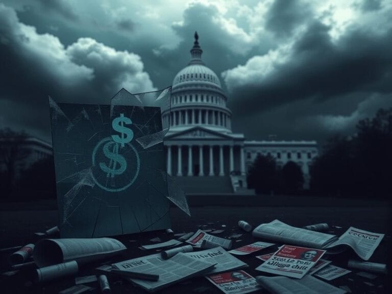 Flick International Abstract representation of a Capitol building with storm clouds and shattered glass symbolizing political tension