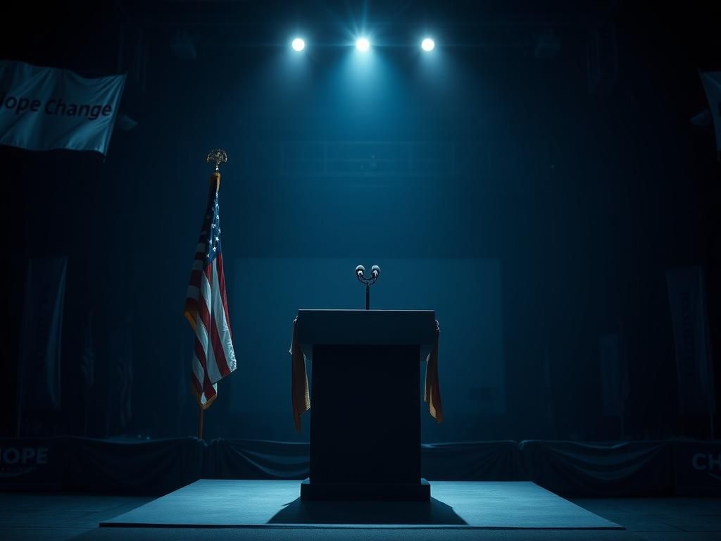 Flick International Empty podium with microphone draped in an American flag during a political campaign