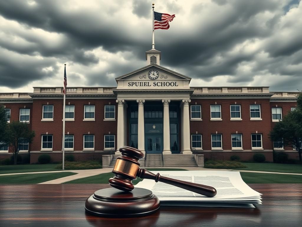 Flick International View of a large school building with an American flag, symbolizing legal challenges in education