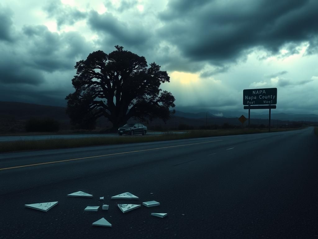 Flick International Dark and moody scene of a deserted roadside with a crashed car against a gnarled tree