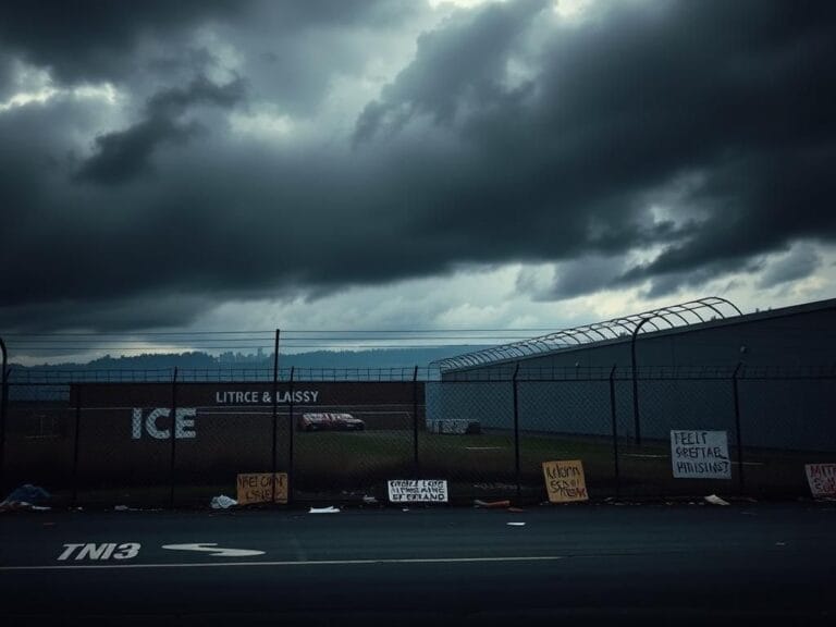 Flick International Ominous urban landscape of an ICE facility in Portland, Oregon, showcasing impending tension and conflict.