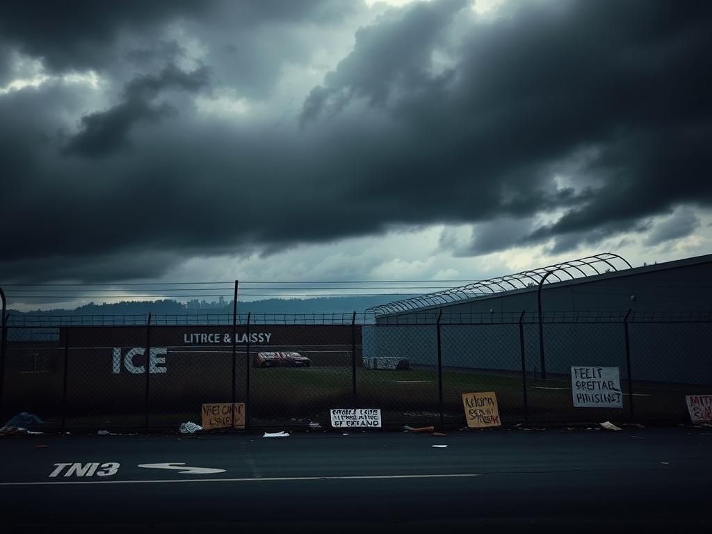 Flick International Ominous urban landscape of an ICE facility in Portland, Oregon, showcasing impending tension and conflict.