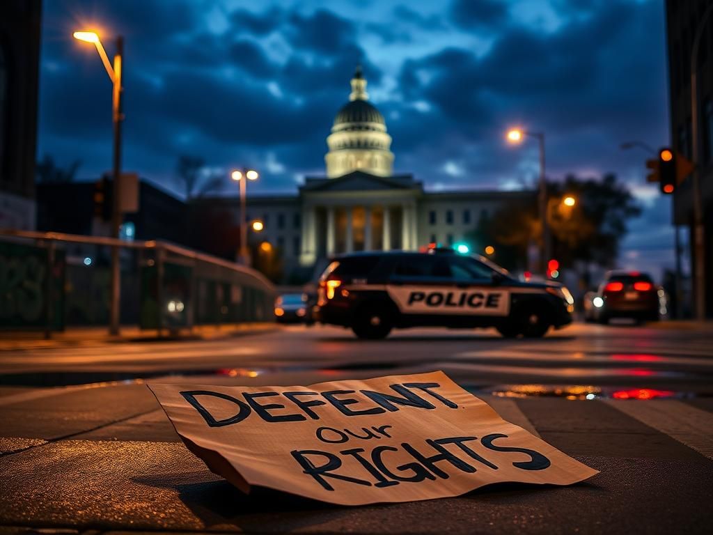 Flick International Dramatic street scene in Chicago depicting police barricades and an abandoned law enforcement vehicle amidst protests.