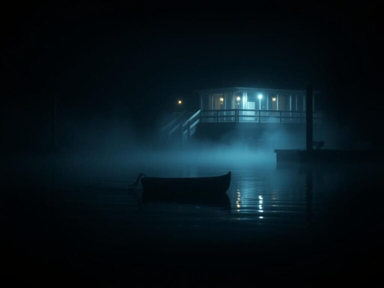 Flick International Dimly lit waterfront restaurant scene with a small boat on the dark water