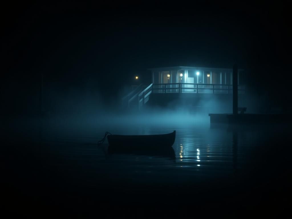 Flick International Dimly lit waterfront restaurant scene with a small boat on the dark water