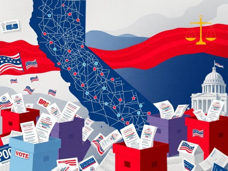 Flick International Large, stylized map of California showcasing congressional districts with ballot boxes and campaign materials.