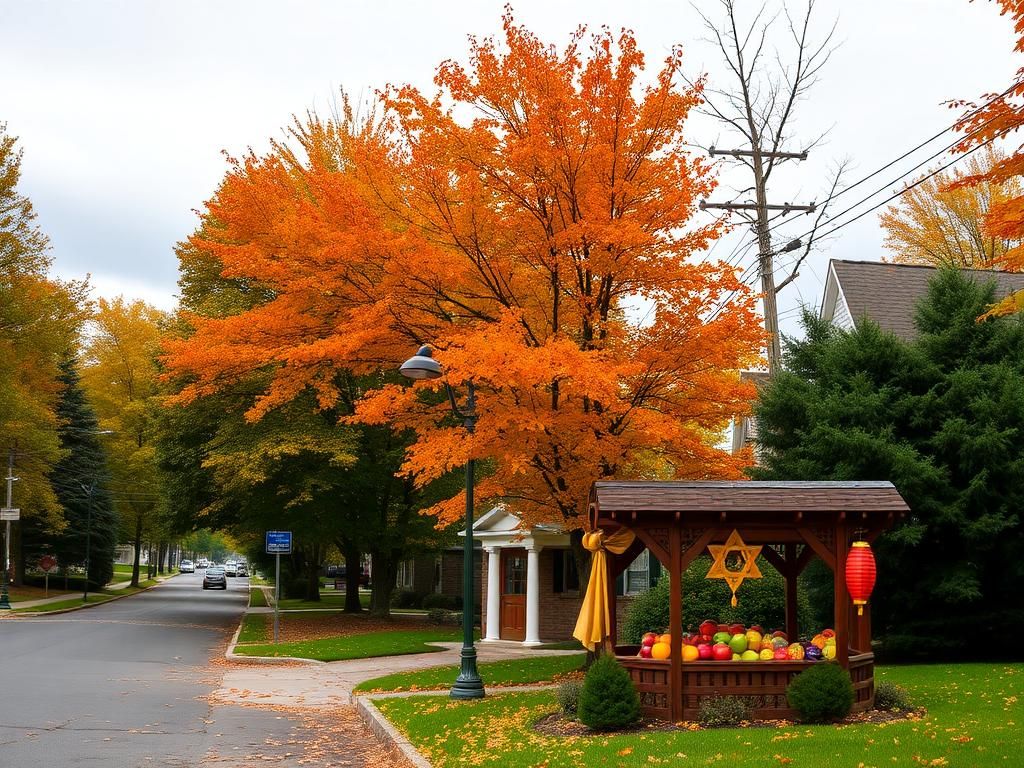 Flick International Peaceful suburban street in Bergenfield, New Jersey with synagogue and autumn foliage