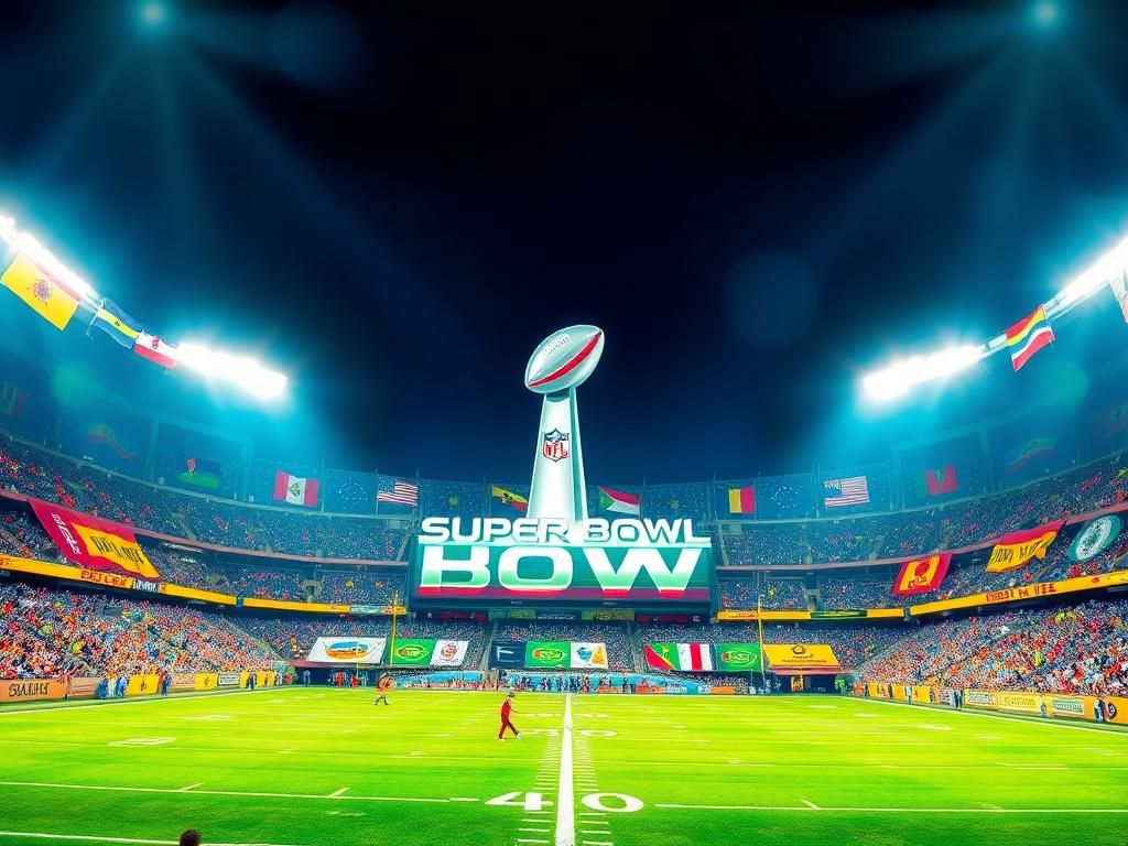 Flick International Dynamic image of vibrant NFL stadium at night featuring Super Bowl logo and cultural flags