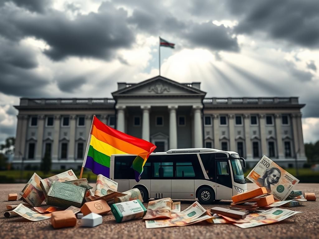 Flick International Fragmented items including a rainbow flag, electric bus model, and scattered currency notes symbolizing the political debate over foreign aid.