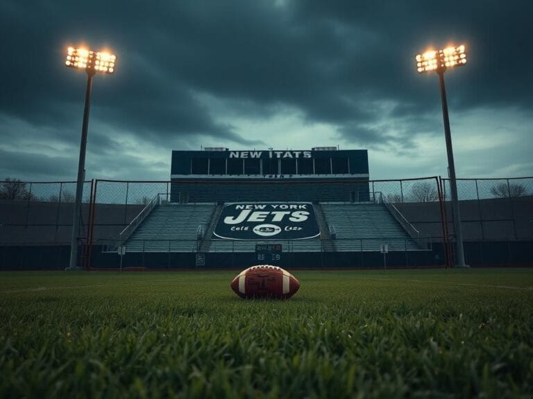Flick International A desolate football field at dusk with a single abandoned football in the foreground, symbolizing the New York Jets' struggles.
