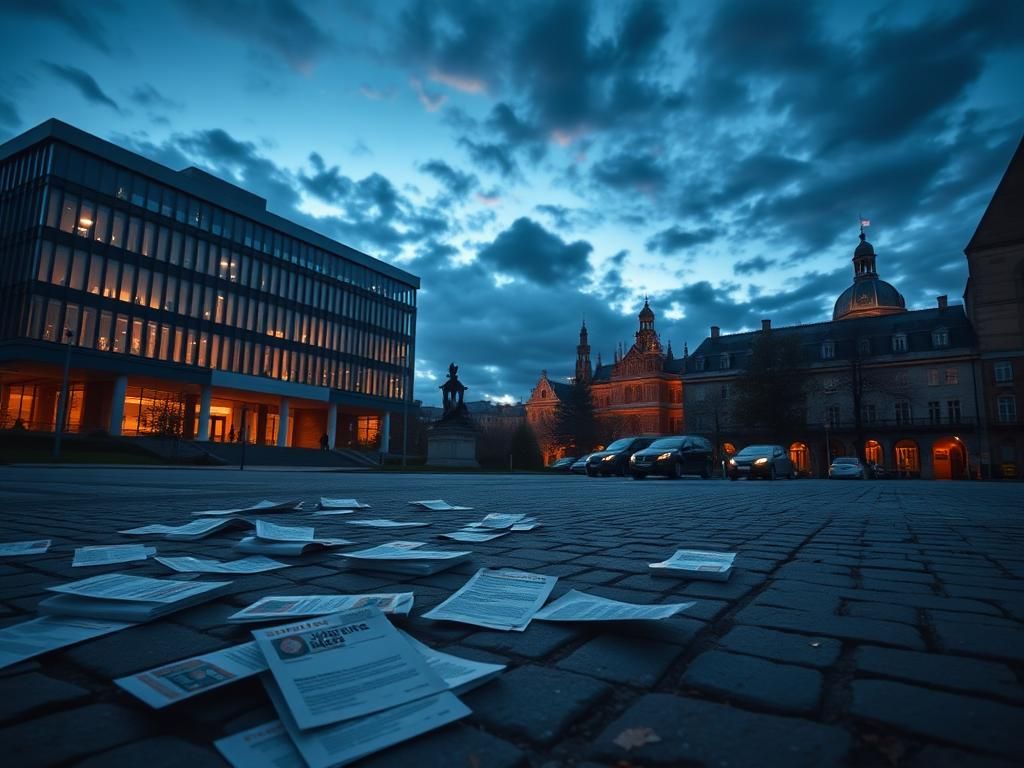 Flick International Twilight urban landscape of a modern university building symbolizing academic freedom