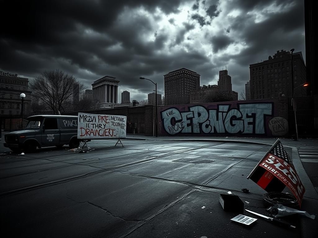 Flick International Dark urban scene in Chicago depicting chaos and tension with street debris and graffiti.