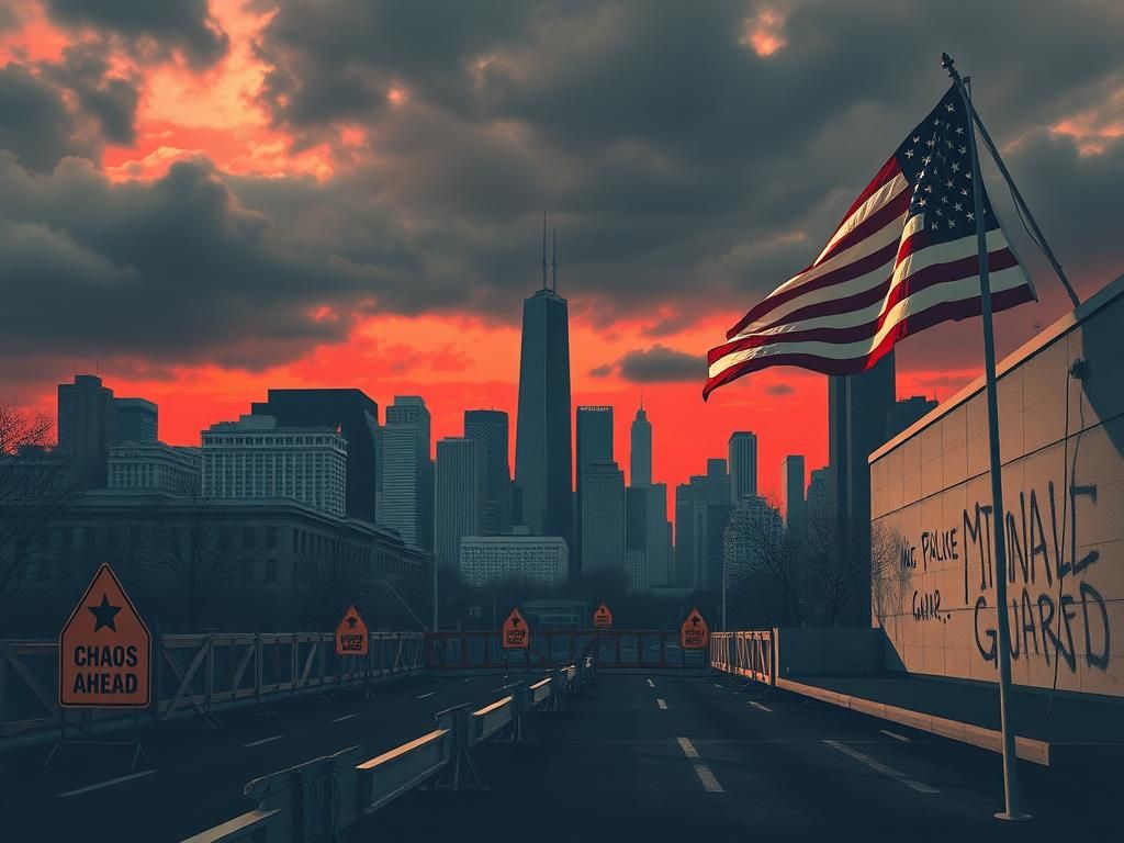 Flick International A powerful representation of political tension with a Chicago skyline overshadowed by dark clouds.