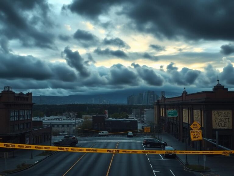 Flick International Dramatic view of Portland, Oregon skyline under storm clouds
