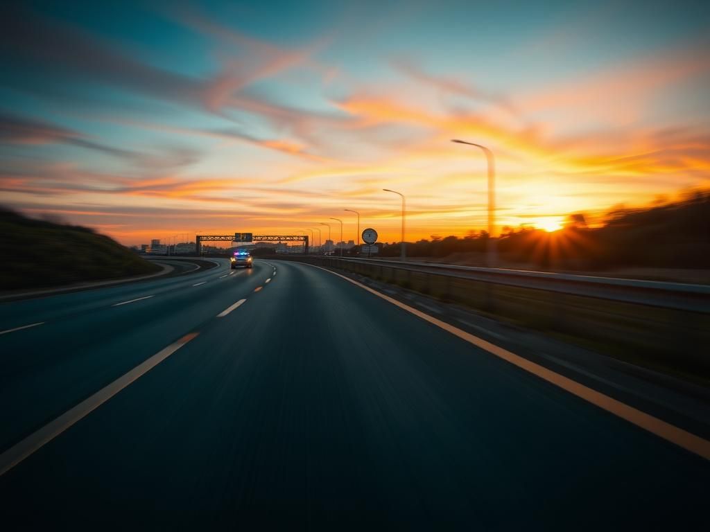 Flick International Scenic highway at sunset with blurred motion lines suggesting high speed
