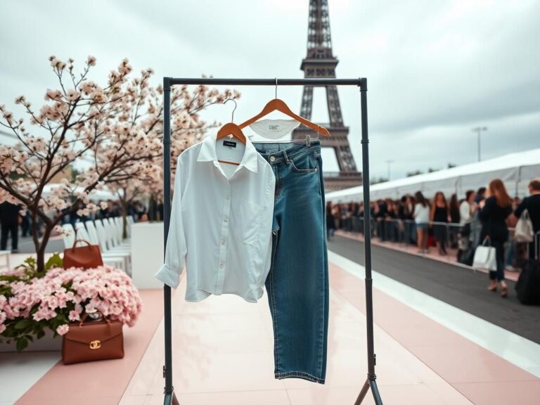 Flick International Chic outdoor scene at Chanel fashion show with delicate flowers and minimalist setup