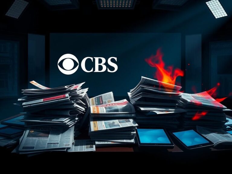 Flick International Abstract representation of a newsroom desk with newspapers and digital tablets symbolizing political tension