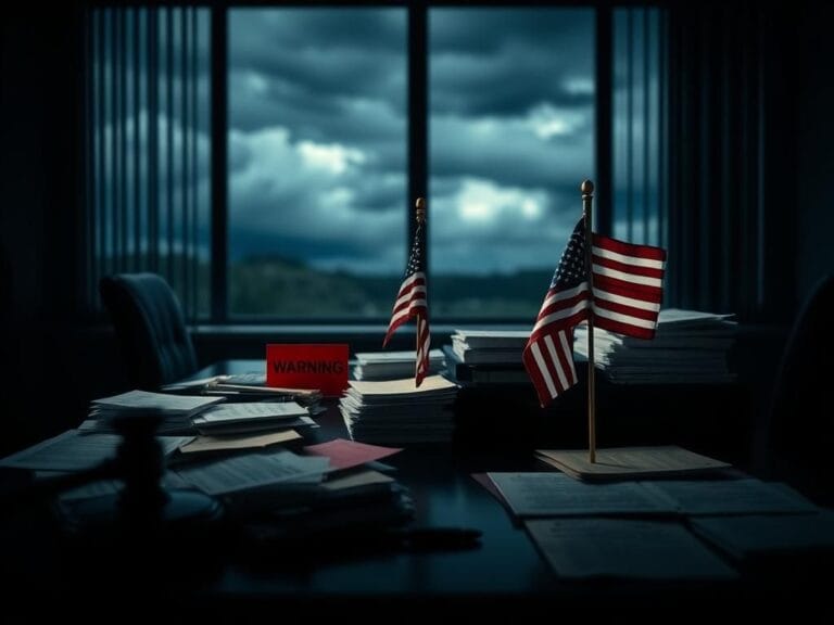 Flick International Dimly lit office setting with cluttered political documents reflecting tension in American politics