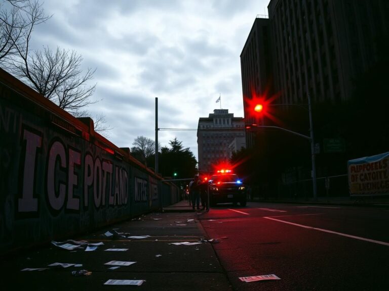 Flick International Darkened Portland street scene illuminated by police lights during a protest