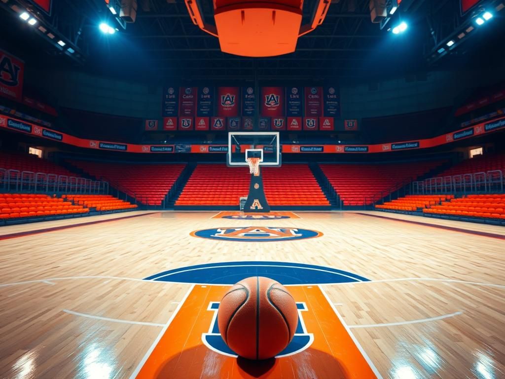 Flick International Empty basketball court at a vibrant sports arena with Auburn Tigers markings