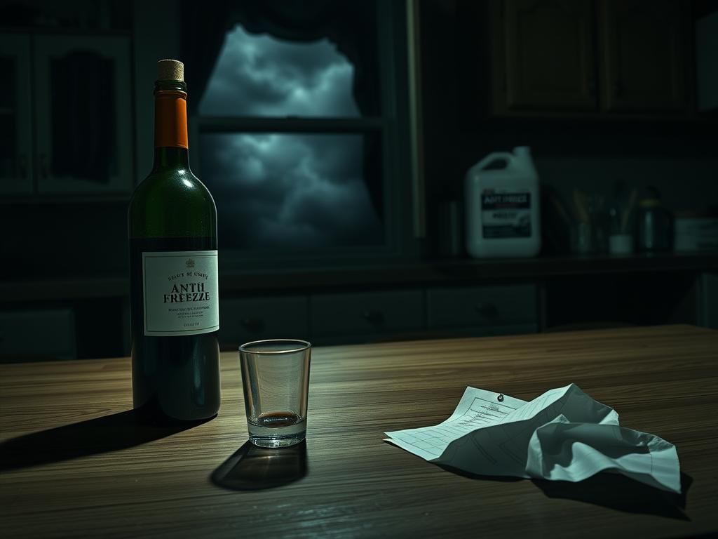 Flick International Dimly lit kitchen with an ominous wine bottle and antifreeze container