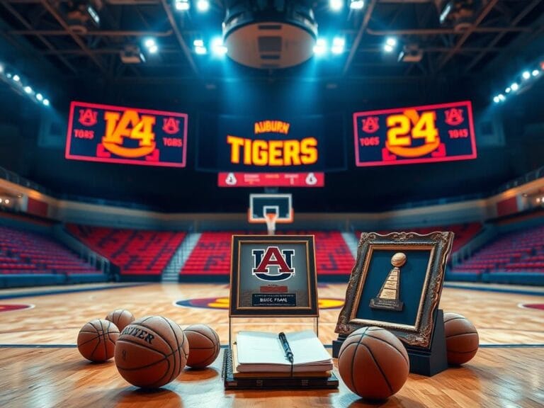 Flick International Empty basketball court at Auburn University with overhead lights and a large scoreboard