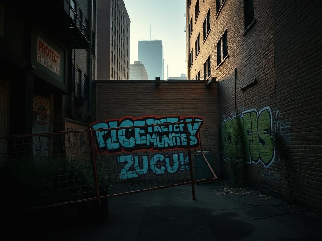 Flick International Dimly lit urban alley in Chicago with a mural symbolizing resistance and sanctuary.