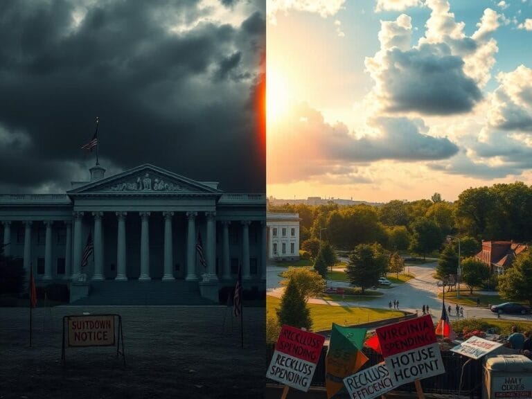 Flick International Split scene illustrating the contrasting perspectives on the government shutdown, featuring a dark government building and a vibrant Virginia landscape