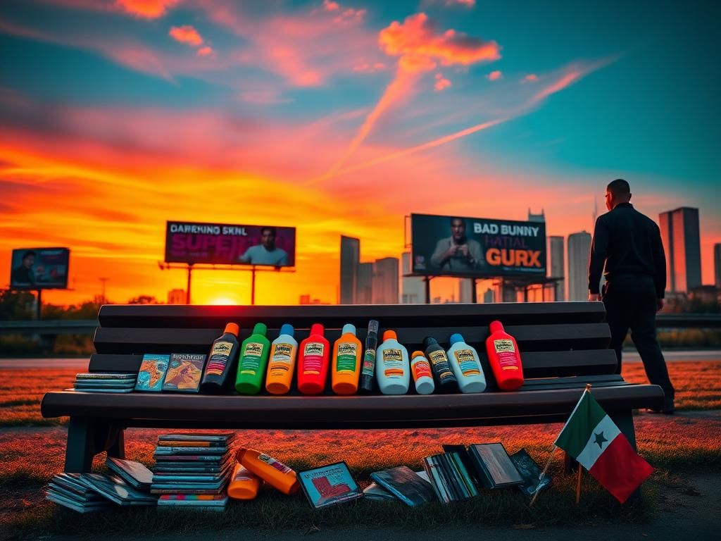 Flick International A vibrant sunset over a city skyline with a park bench and colorful sunscreen bottles, symbolizing cultural diversity.