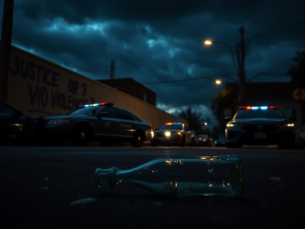 Flick International Dark urban street scene with police cars and graffiti reflecting on the issues of law enforcement.