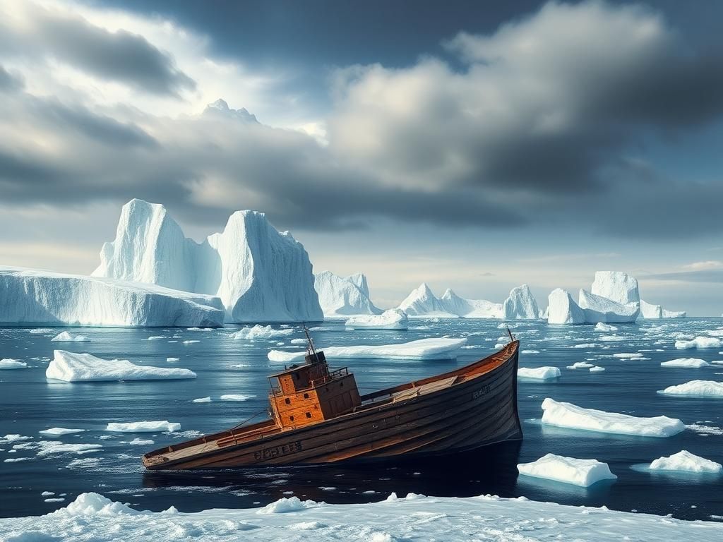 Flick International A dramatic frozen seascape of the Weddell Sea, featuring towering icebergs and a partially submerged wooden shipwreck highlighting engineering flaws.