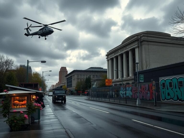 Flick International Dark and atmospheric cityscape of Portland showcasing urban life and military presence