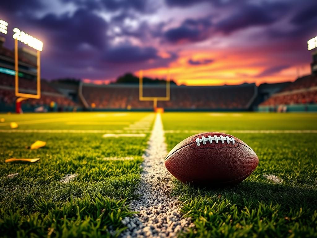 Flick International Dynamic football scene featuring a touchdown moment with a football on the 2-yard line surrounded by green turf and penalty flags.